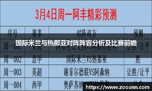 国际米兰与热那亚对阵阵容分析及比赛前瞻
